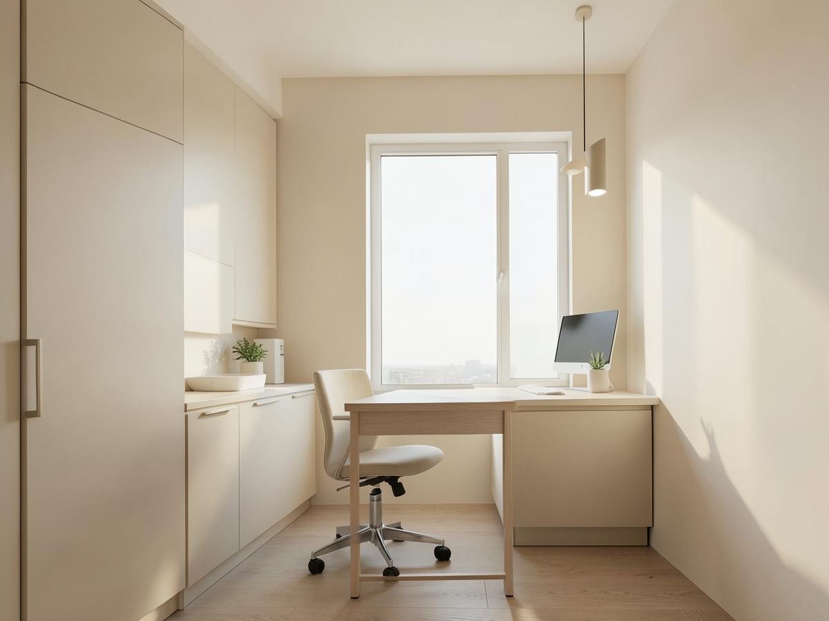 Calm, naturally lit clinic consultation room in warm neutral tones