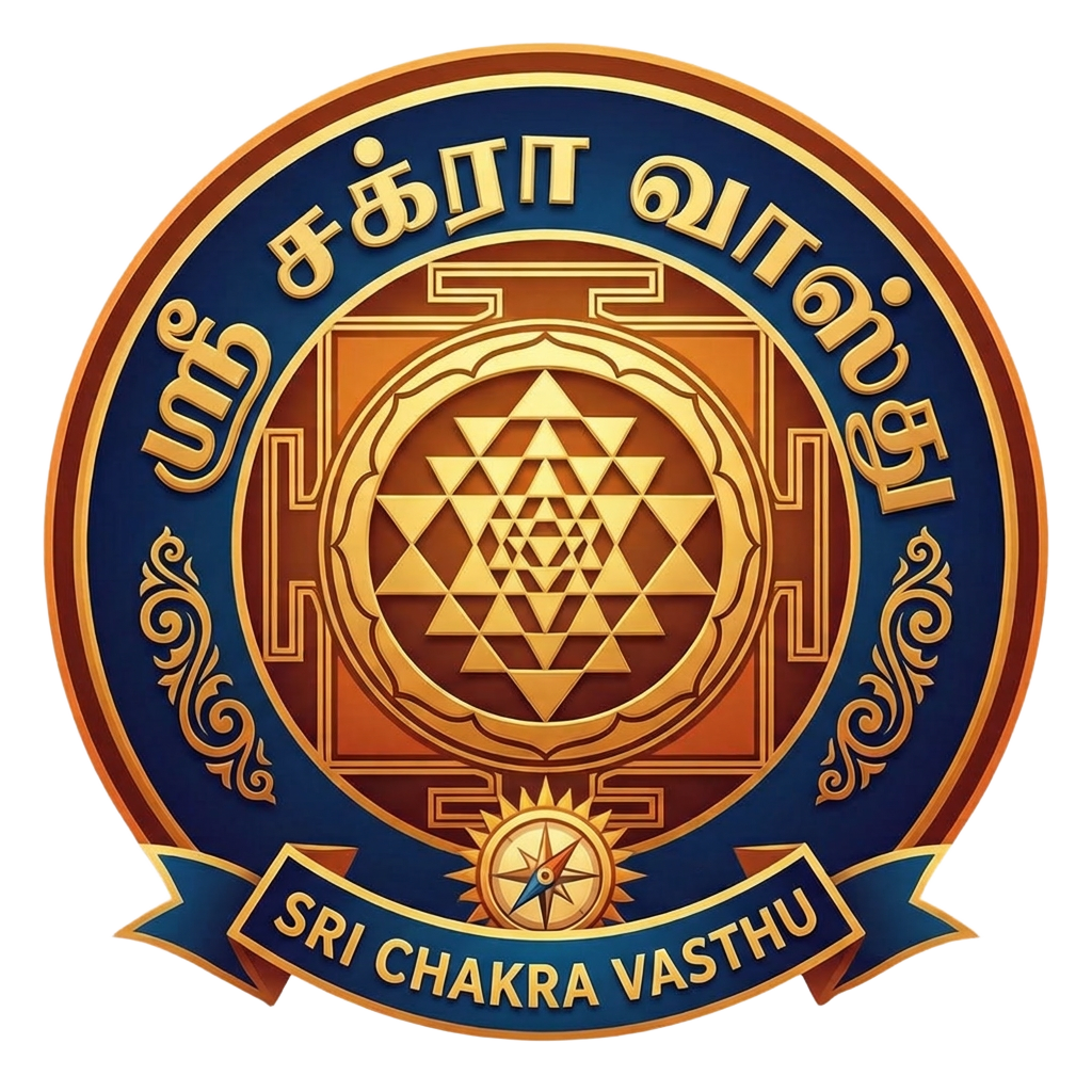 Sri Chakra Vasthu emblem in maroon and gold